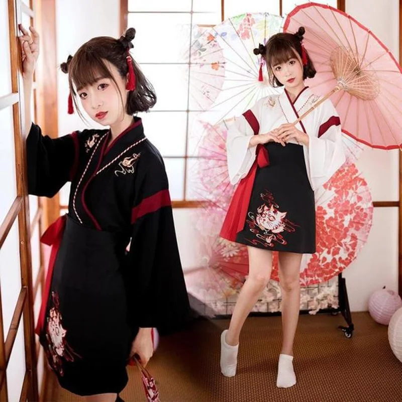 Demon Slayer Haori - Gaun Jepang Kimono wanita hitam putih
